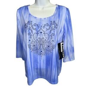 Onque Top Women PL Blue Embellished Beads Stretch 3/4 Sleeve Petite Large Blouse